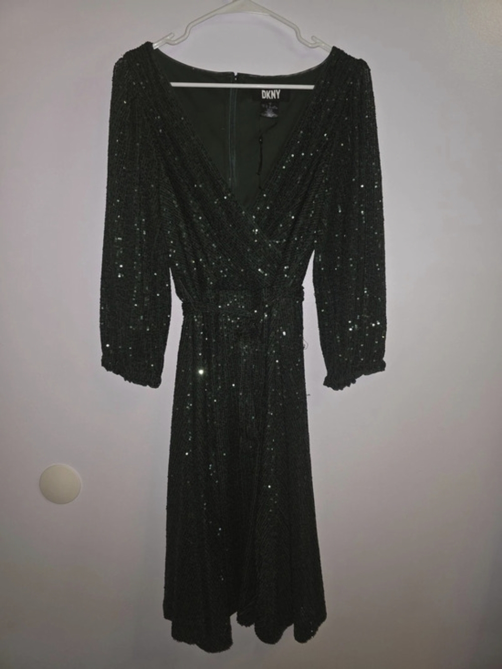 DKNY Sequin Belted Long Sleeve Dress Maxi Dress Green Size 14